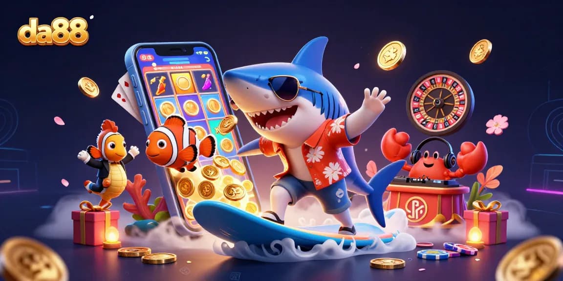 Engage with the thrilling da88 casino experience through vibrant cartoon characters surfing on gold coins.