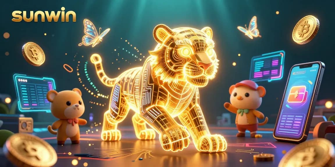 Experience the excitement of sunwin with a golden tiger in a dazzling digital casino landscape.