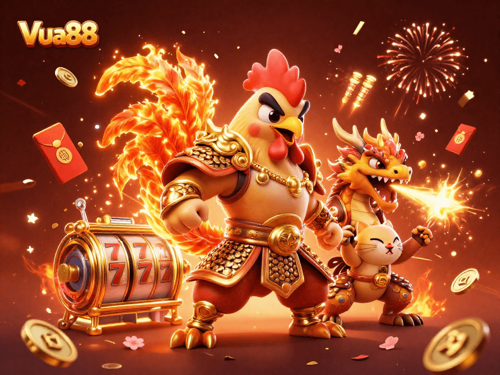 Win big with Vua88 featuring a powerful fighting rooster and dragon in a lively casino scene.