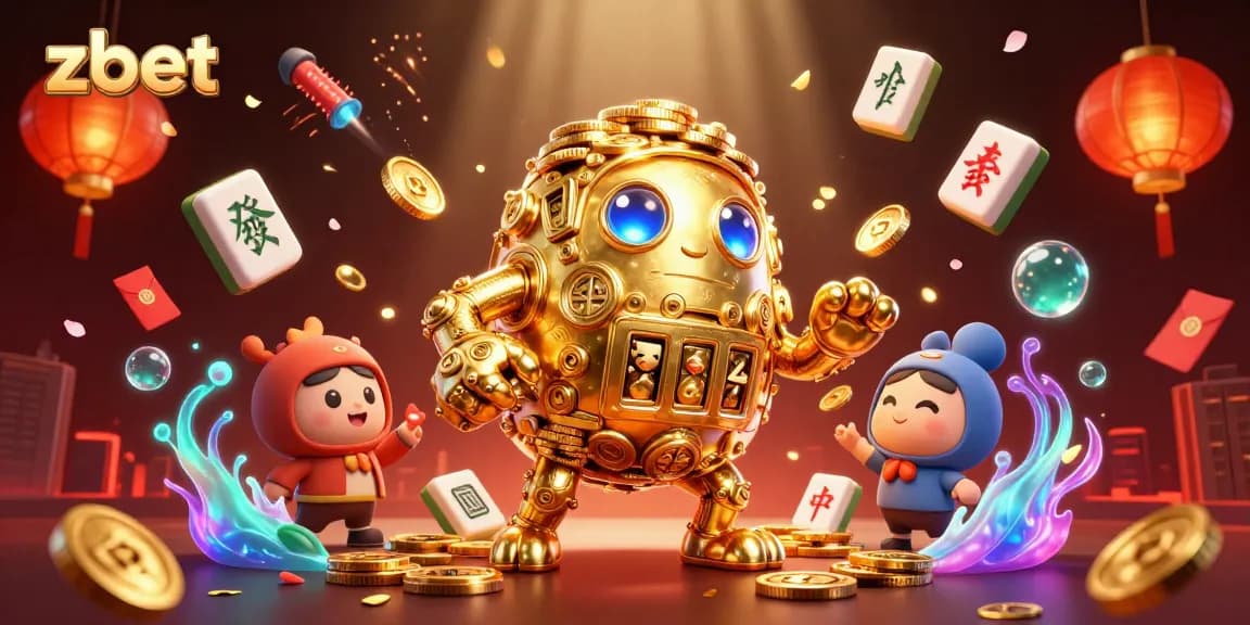 Experience thrilling zbet game action with a vibrant 3D illustration featuring a golden golem and festive casino elements.