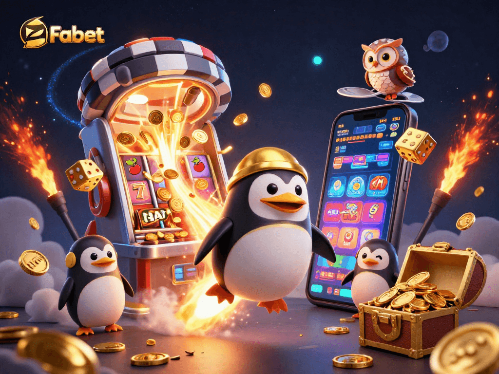 Experience the excitement of Fabet with a dynamic 3D illustration of a rocket-powered penguin amidst casino elements.