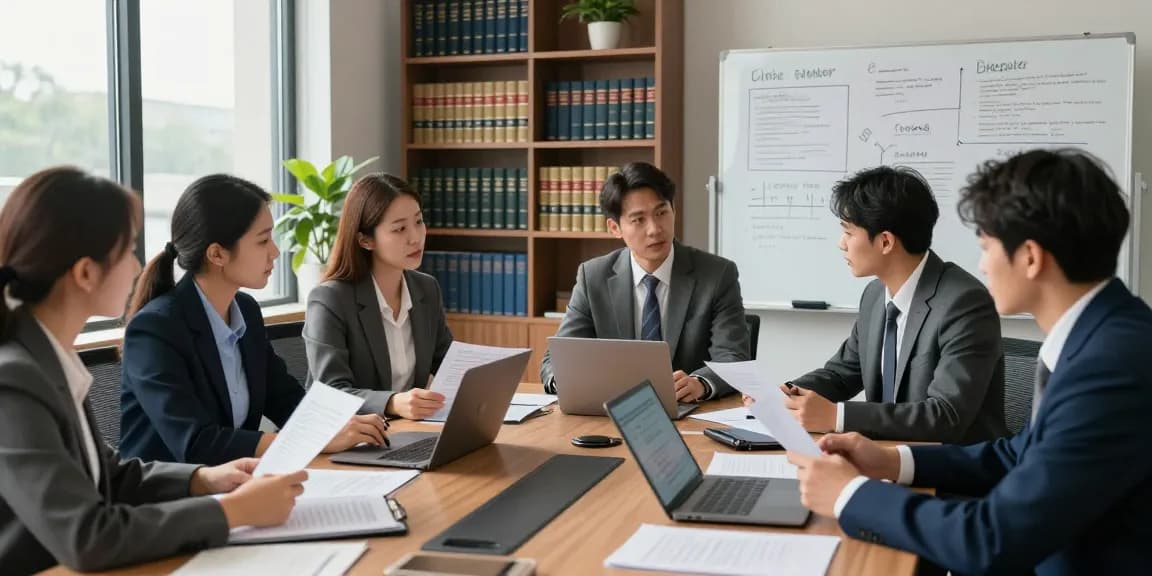 Legal professionals collaborating in a law office on front page discussing cases and strategy.