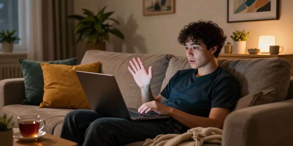 Engaging in a cozy nsfw chat on a laptop in a relaxed home setting, showcasing warm lighting and inviting atmosphere.