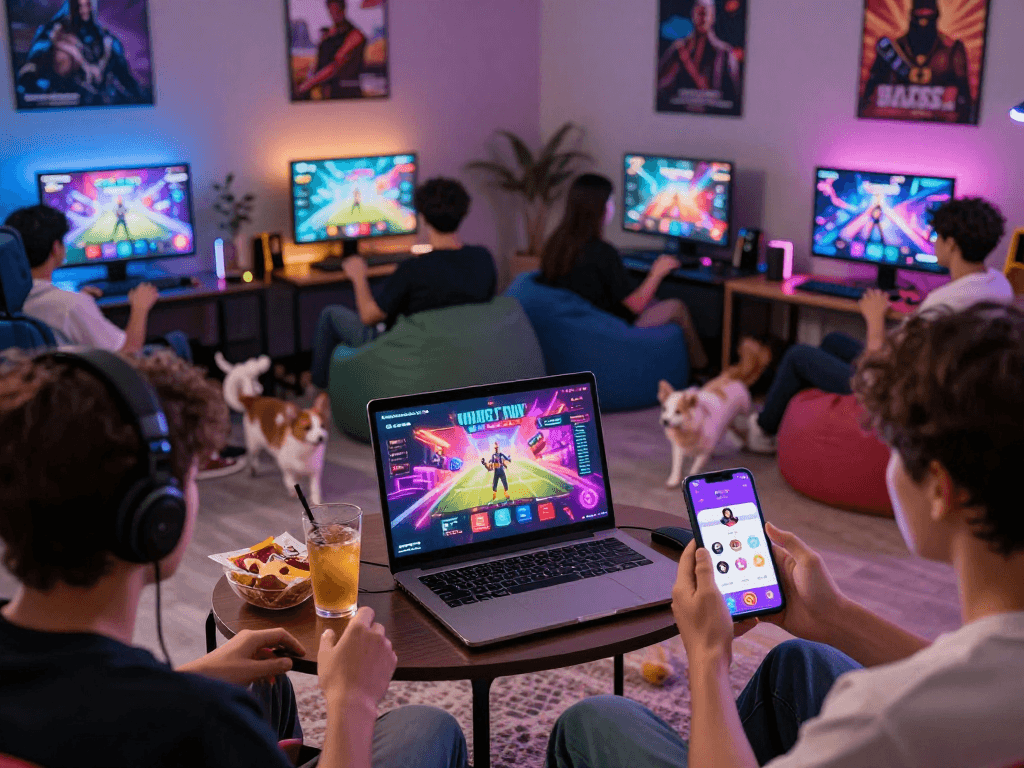 Engaging players enjoying porngames on computers and mobile devices in a cozy gaming room.