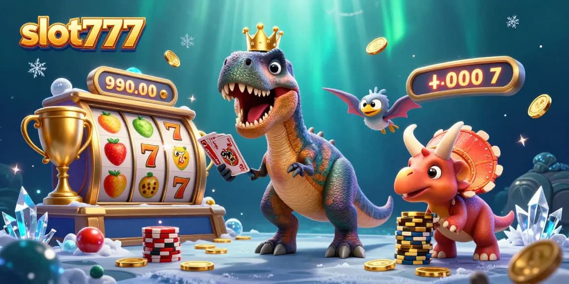 Engage in thrilling slot777 gameplay featuring a T-Rex, with vibrant slots and golden wins.