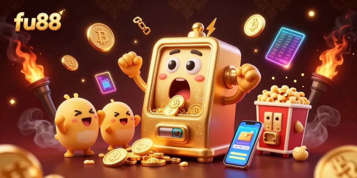 Engage with fu88's exciting slot machine jackpot scene, featuring vibrant characters and crypto elements.