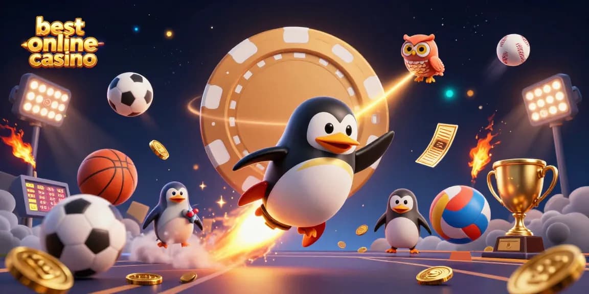 Experience the best online casino with animated golden penguin and dynamic sports theme in a vibrant 3D illustration.