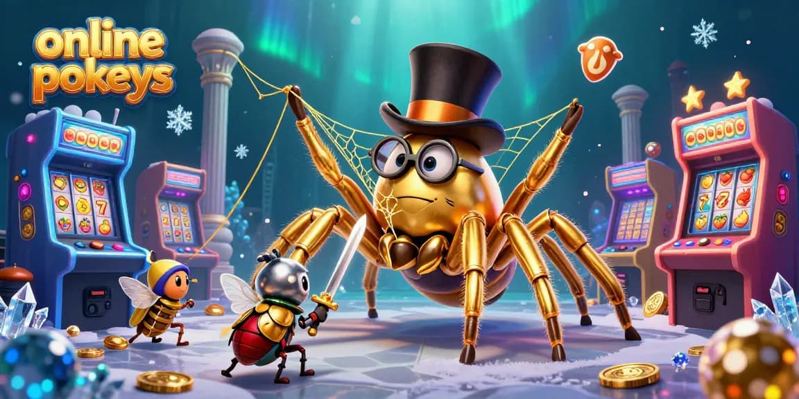 Engage with online pokies in a vibrant 3D casino scene featuring a golden tarantula, a beetle knight, and dynamic game elements.