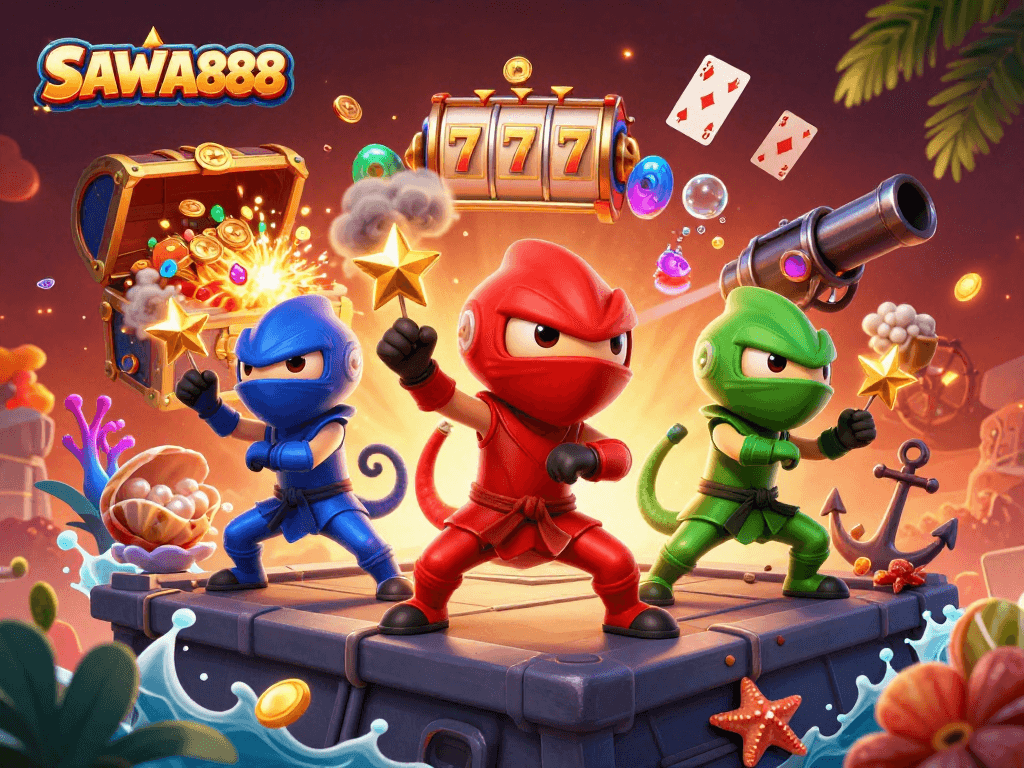 Watch the SAWA888 ninja chameleon team performing thrilling martial arts amidst casino elements.