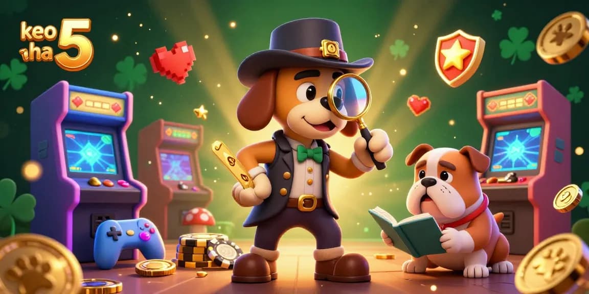 Investigate exciting games with keo nha cai 5, featuring a cartoon detective examining clues in a vibrant casino scene.