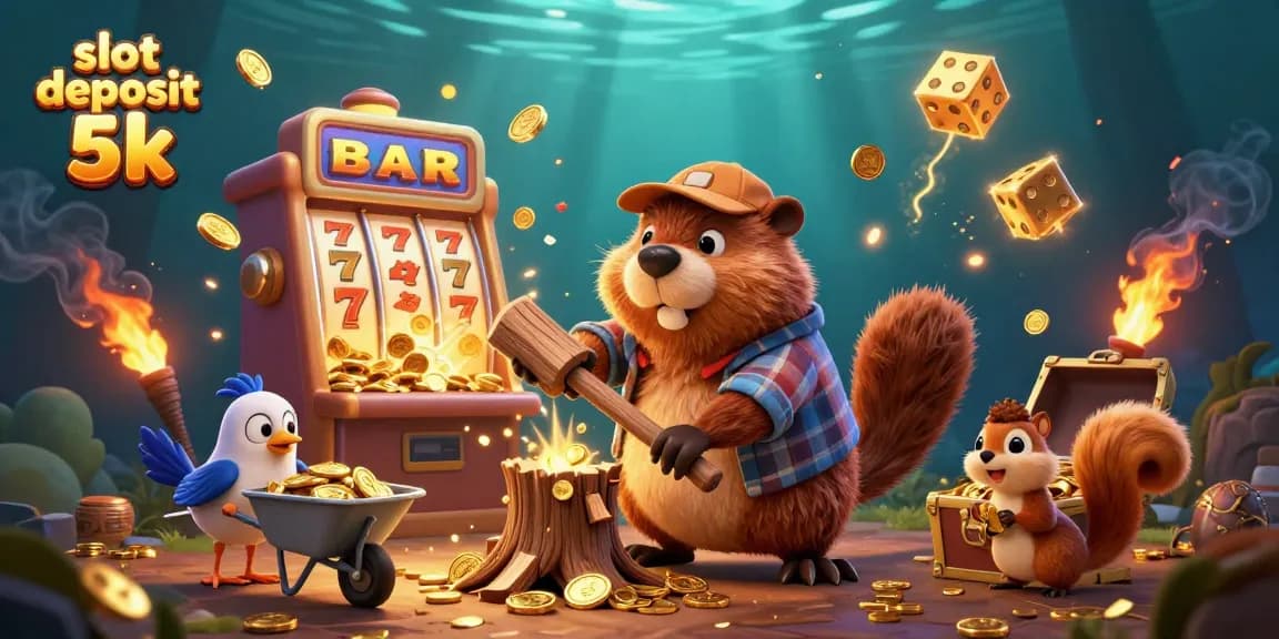 Experience the excitement of slot deposit 5k with winning symbols and characters in a vibrant casino scene.