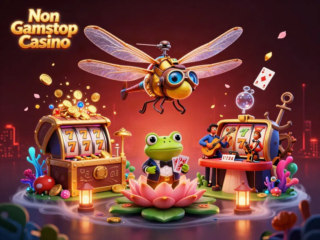 Engage with the vibrant scene of a Non Gamstop Casino featuring whimsical characters in a lively casino atmosphere.