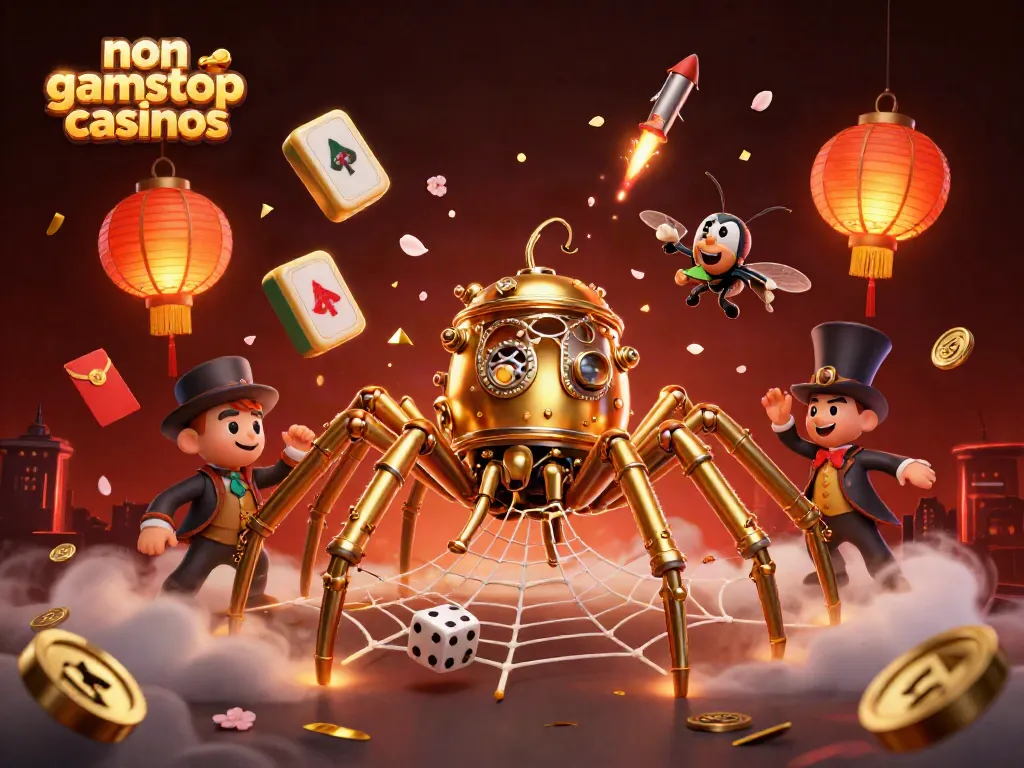 Engage with non gamstop casinos in a vibrant, dynamic 3D illustration featuring a steampunk spider and gambling symbols.