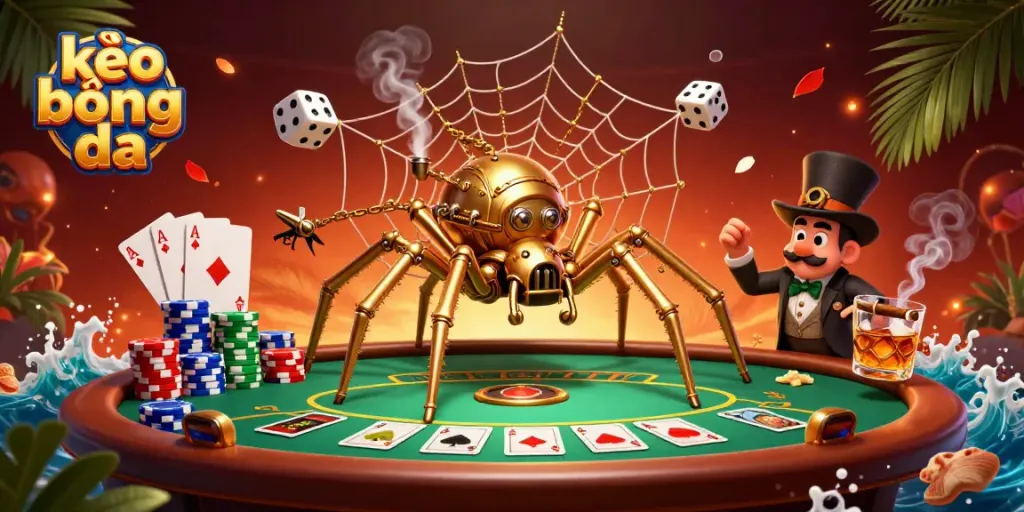Capture the excitement of kèo bóng đá with a vibrant 3D scene of a golden spider and amusing fly gentleman amidst casino elements.