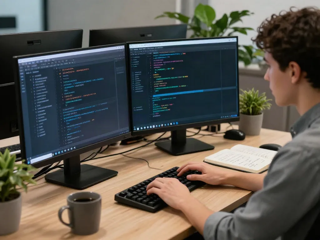 Developer implementing instant indexing strategies in a modern workspace.