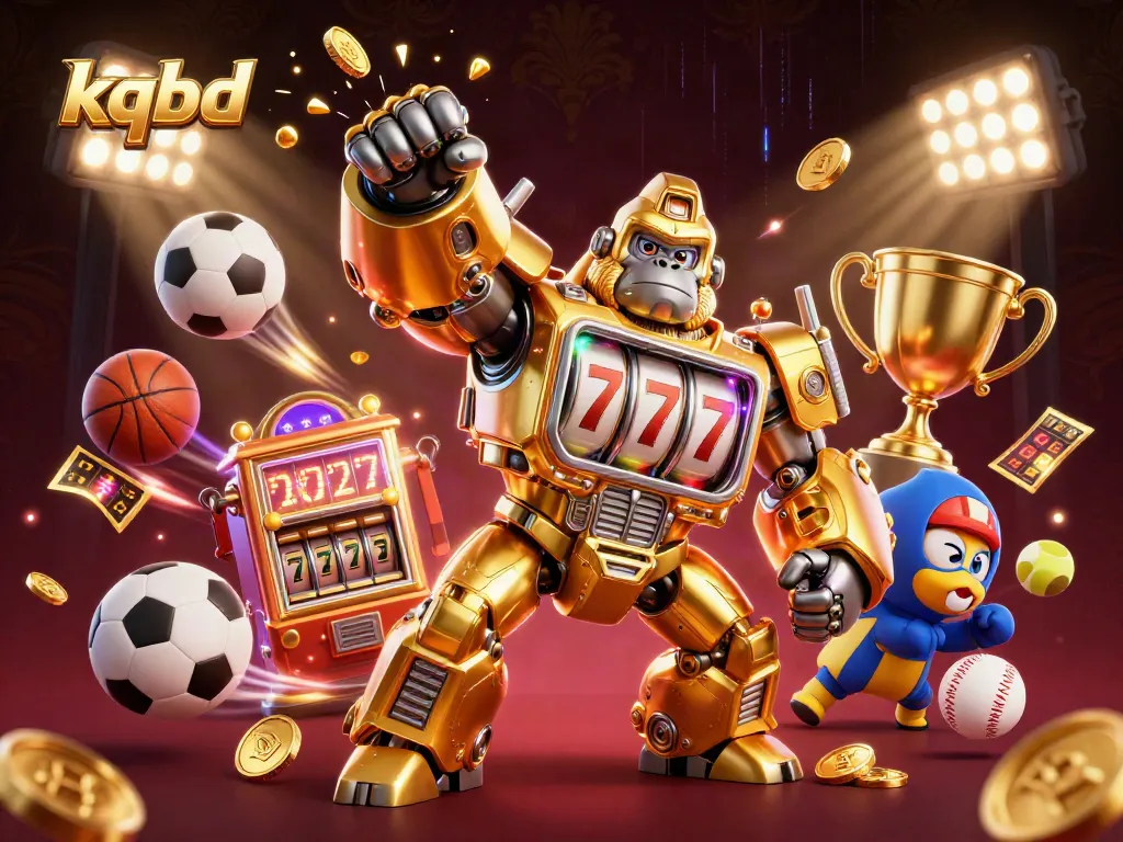 Engage with kqbd gaming action featuring a dynamic golden gorilla mech and sports elements.