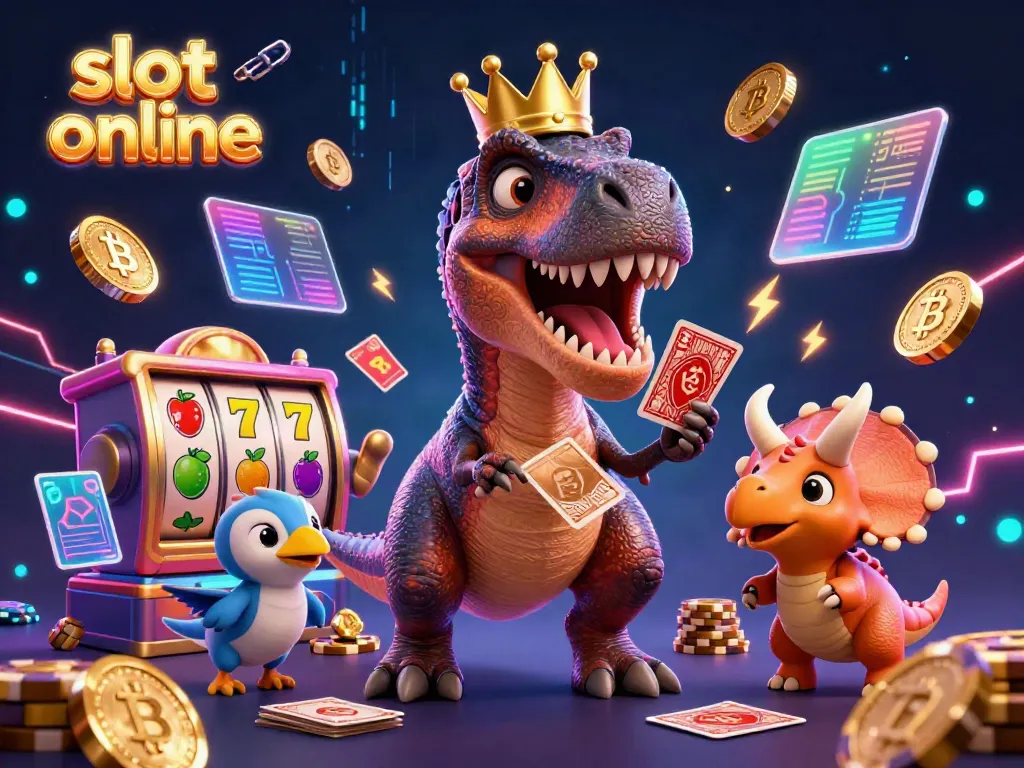 Engage with slot online games featuring a friendly T-Rex and colorful symbols in a vibrant casino-style scene.