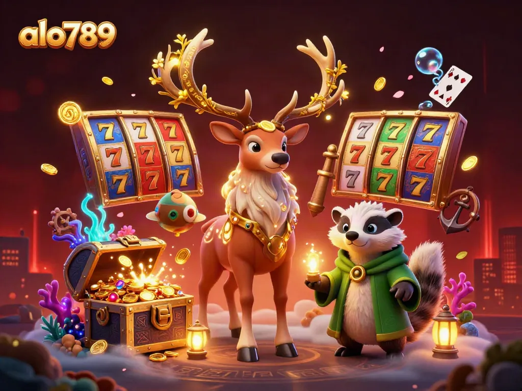 Bet and win on slots with exciting rewards at alo789's vibrant casino scene illustration.