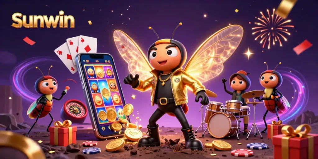 Play slots with sunwin in a vibrant 3D scene featuring energetic characters and casino elements.