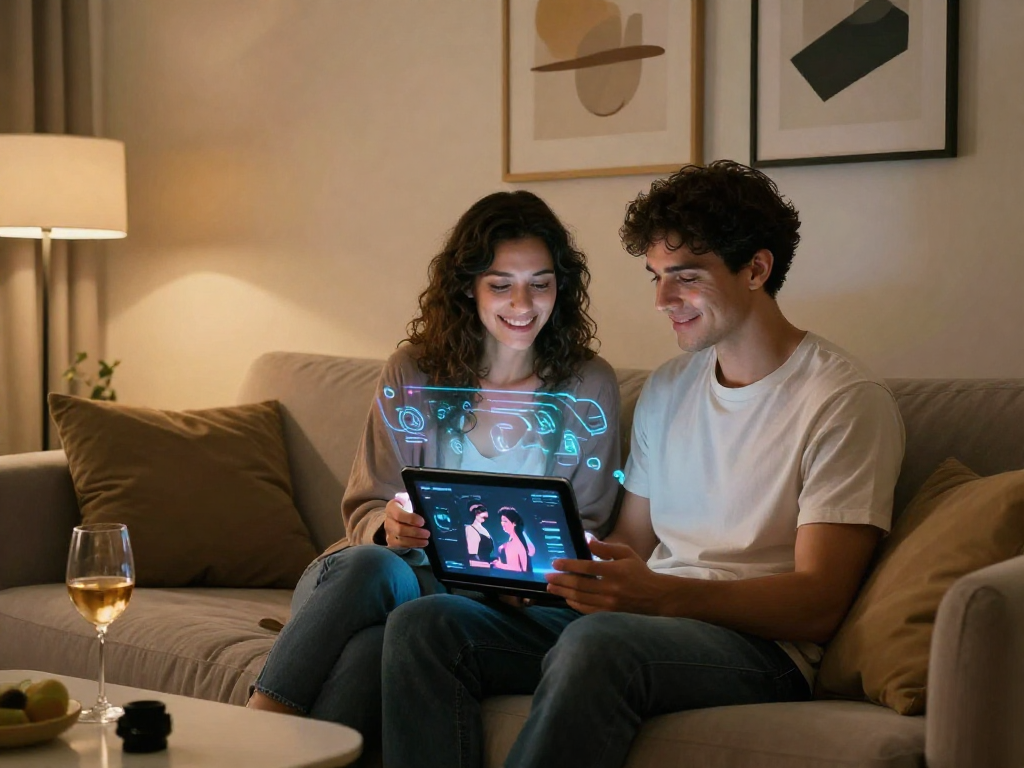 Couple interacting with AI technology exploring ai sex innovations in a cozy setting.