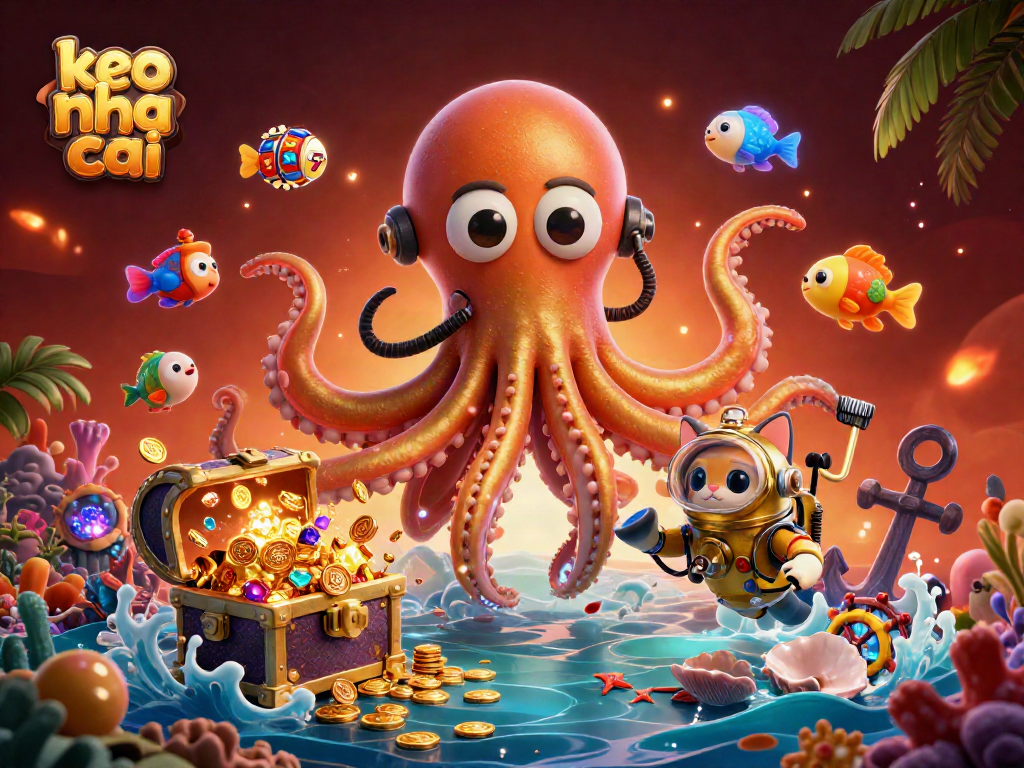 Engage with thrilling keo nha cai adventures featuring a giant kraken and vibrant underwater elements.