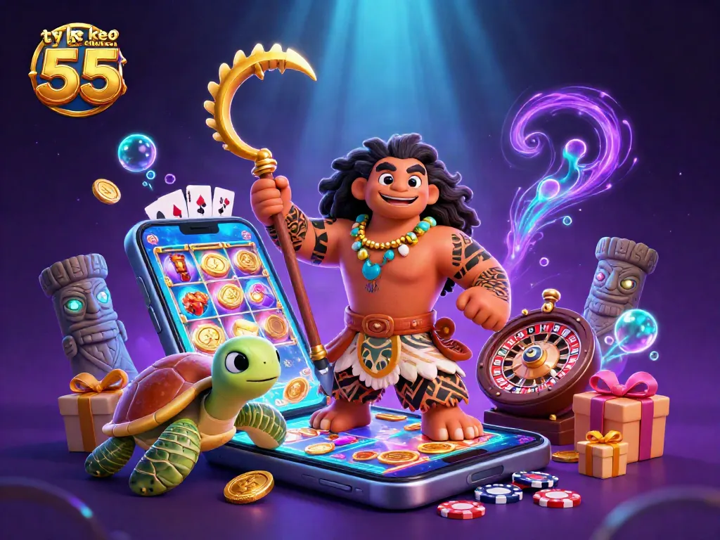 Experience thrilling gaming action with ty le keo nha cai 55, showcasing vibrant slots and engaging casino characters.