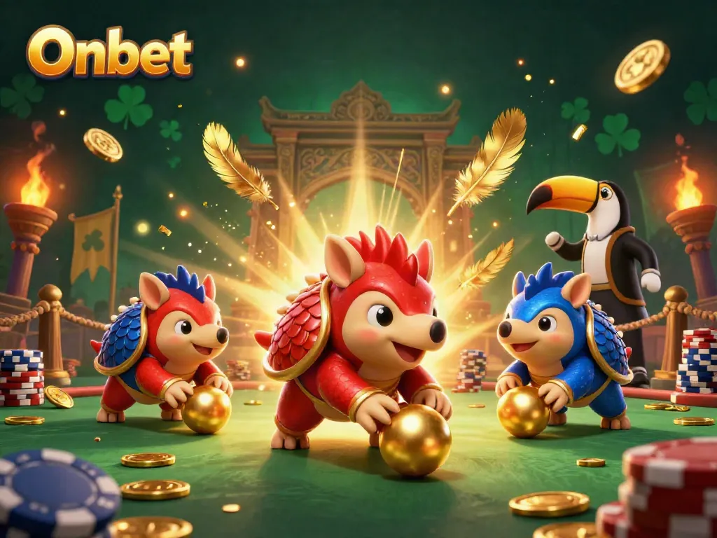 Engaging Onbet casino scene with rival pangolins in action amid poker chips and vibrant decorations.