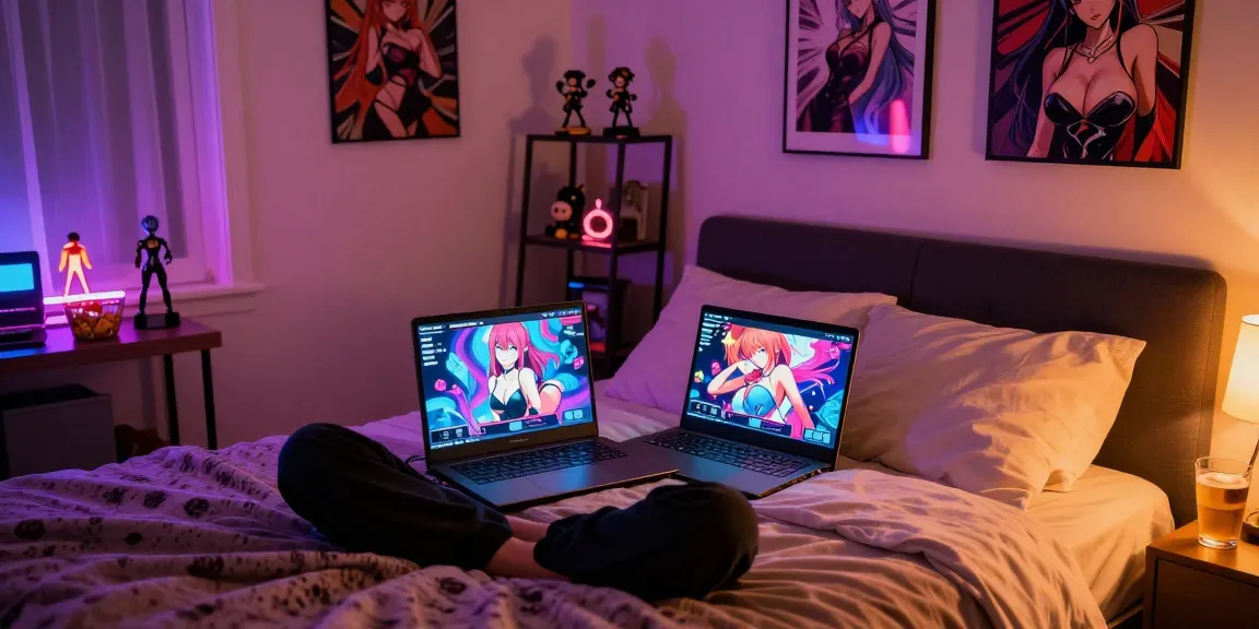 Engaging scene of a gamer playing hentai ganes in a cozy bedroom with vibrant lighting and collectible figures.