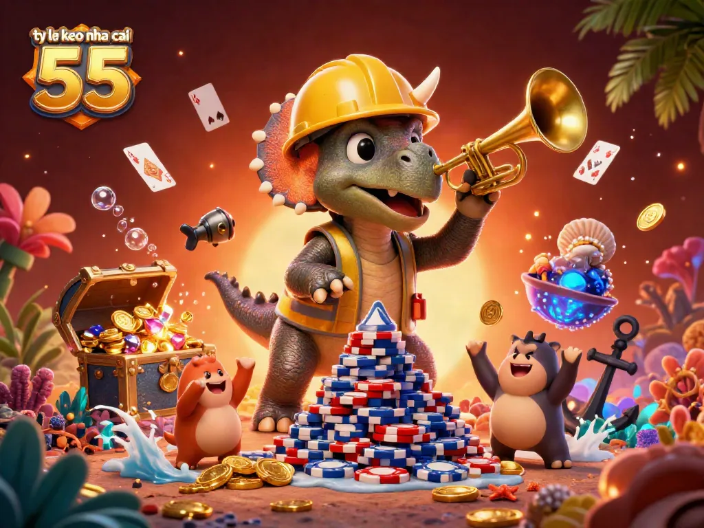 Experience ty le keo nha cai 55 with a thrilling casino-themed 3D scene of dinosaur characters and game elements.