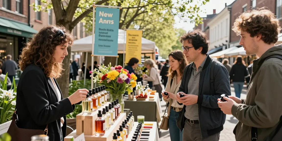 Seasonal Fragrances showcase at an outdoor market with vibrant flowers and glass bottles.