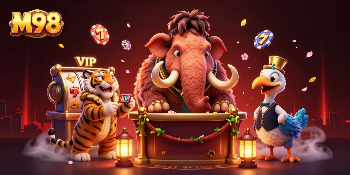 M98 leads the casino experience with a vibrant scene featuring a woolly mammoth bouncer and a saber-tooth tiger guest.