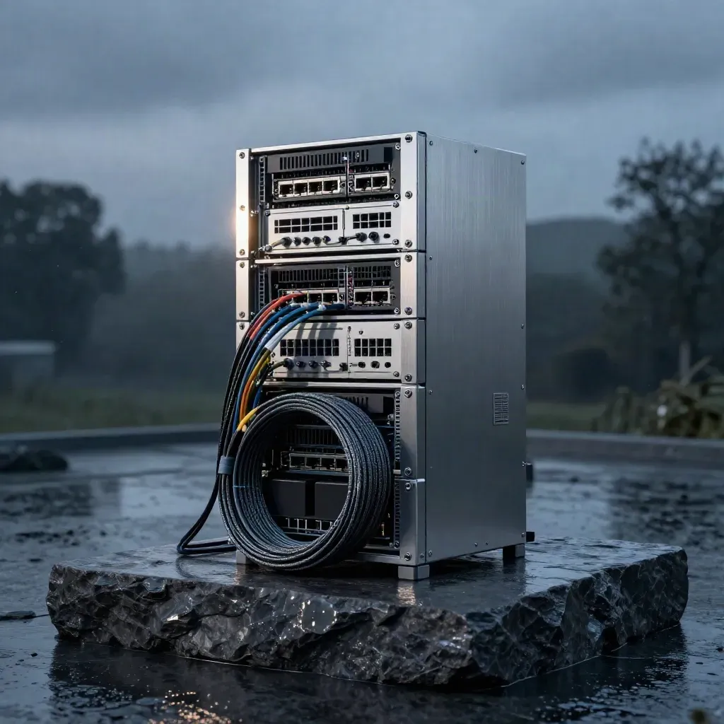 Server hardware stack on wet stone at blue hour with fibre coils and UPS battery
