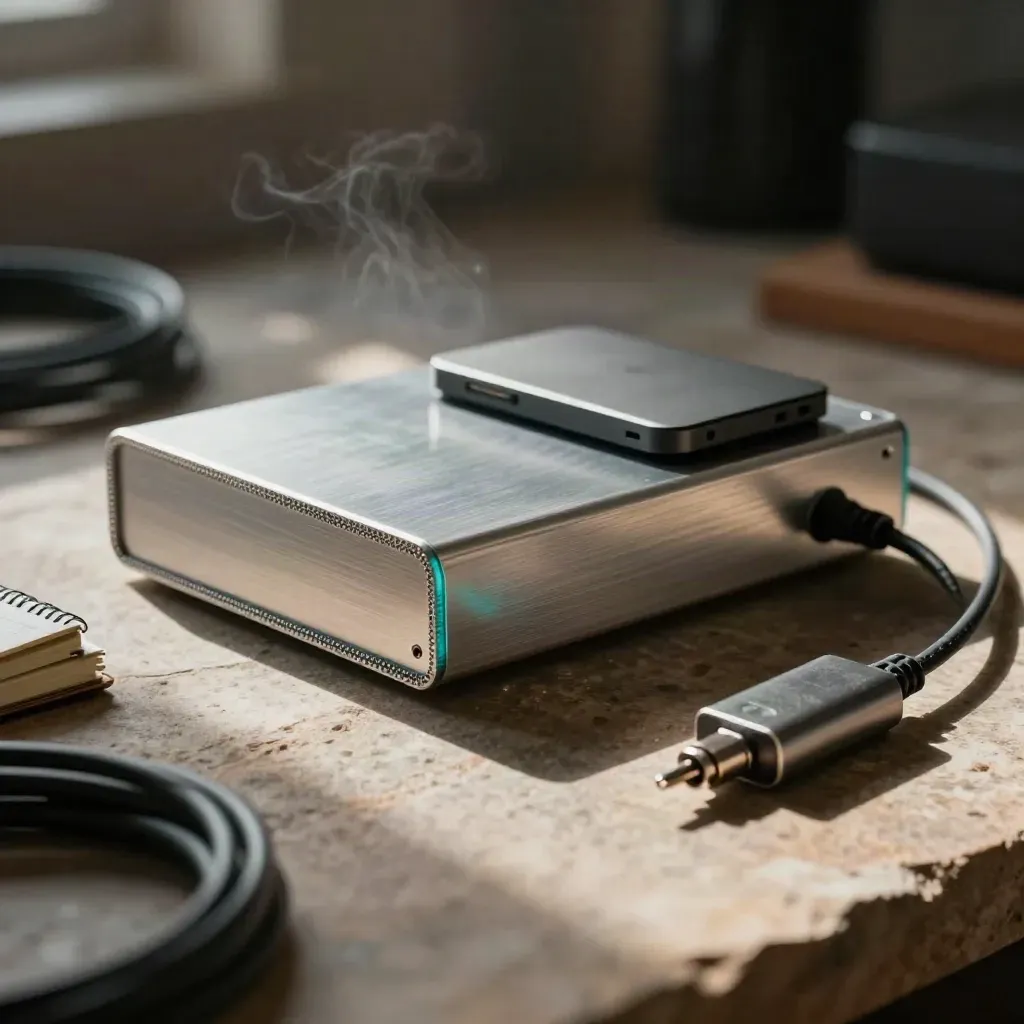 Brushed aluminium prototype kit, closed notebook, external drive and cable puck on warm stone.