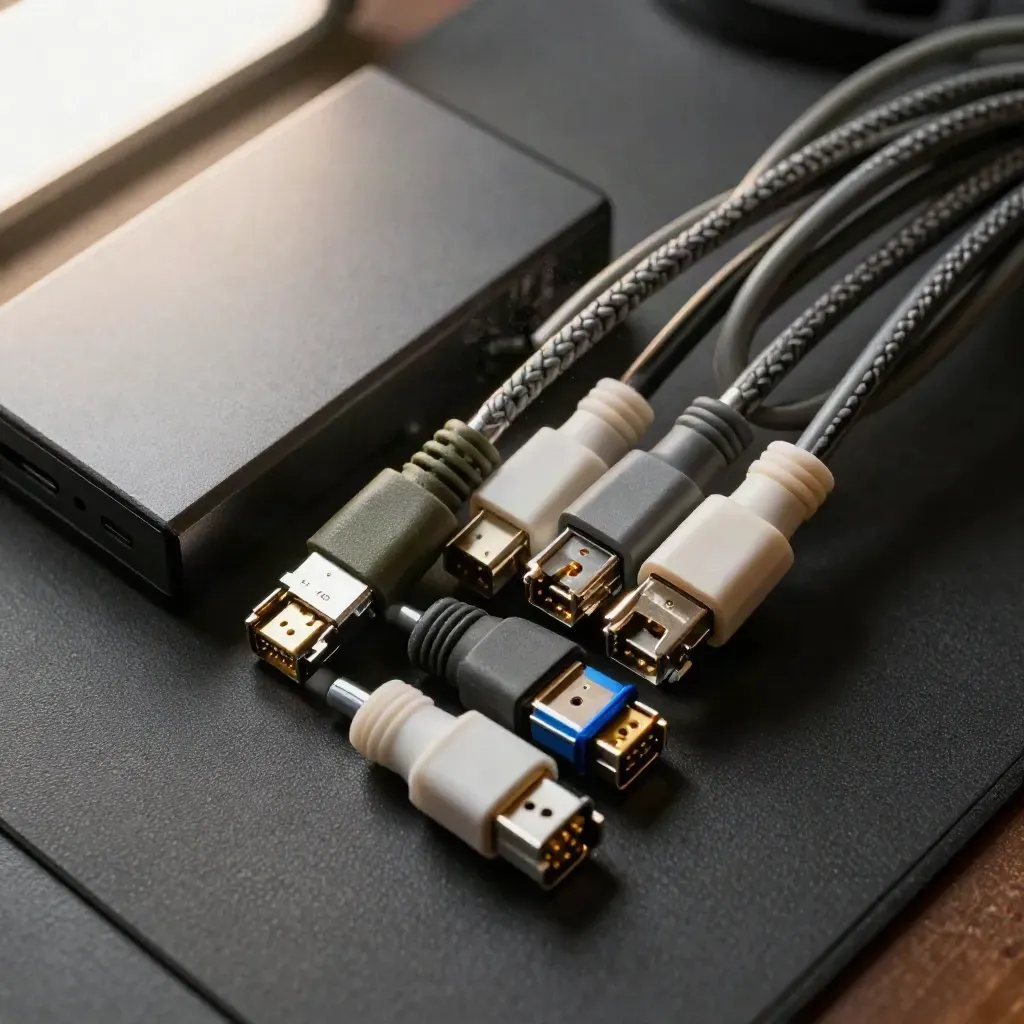Overhead macro of cables, backup drive and dock on graphite with soft haze and cobalt glint