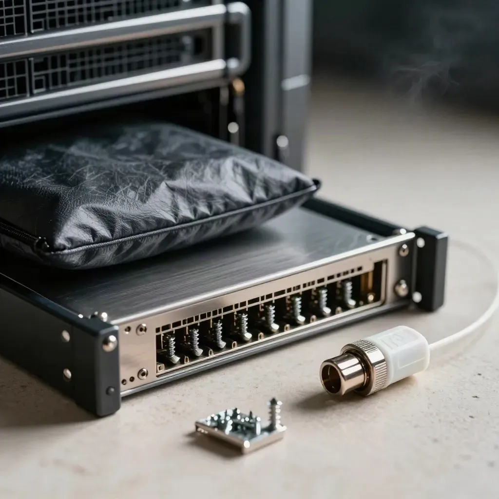Macro still life of server hardware on pale stone with dramatic light and cool haze.