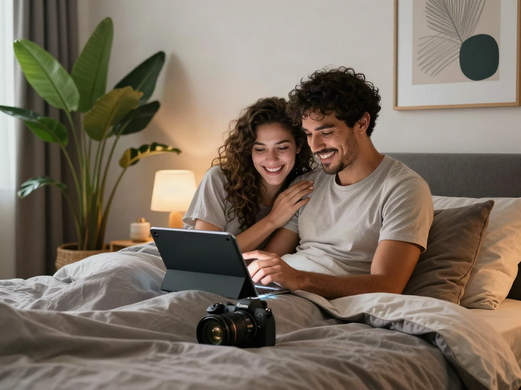 Couple engaging with an AI sex companion in a cozy bedroom setting, exploring emotional connection.