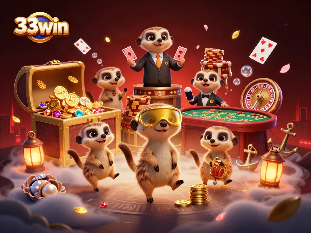 Engage with 33win's vibrant cartoon meerkats managing a casino extravaganza bursting with games.