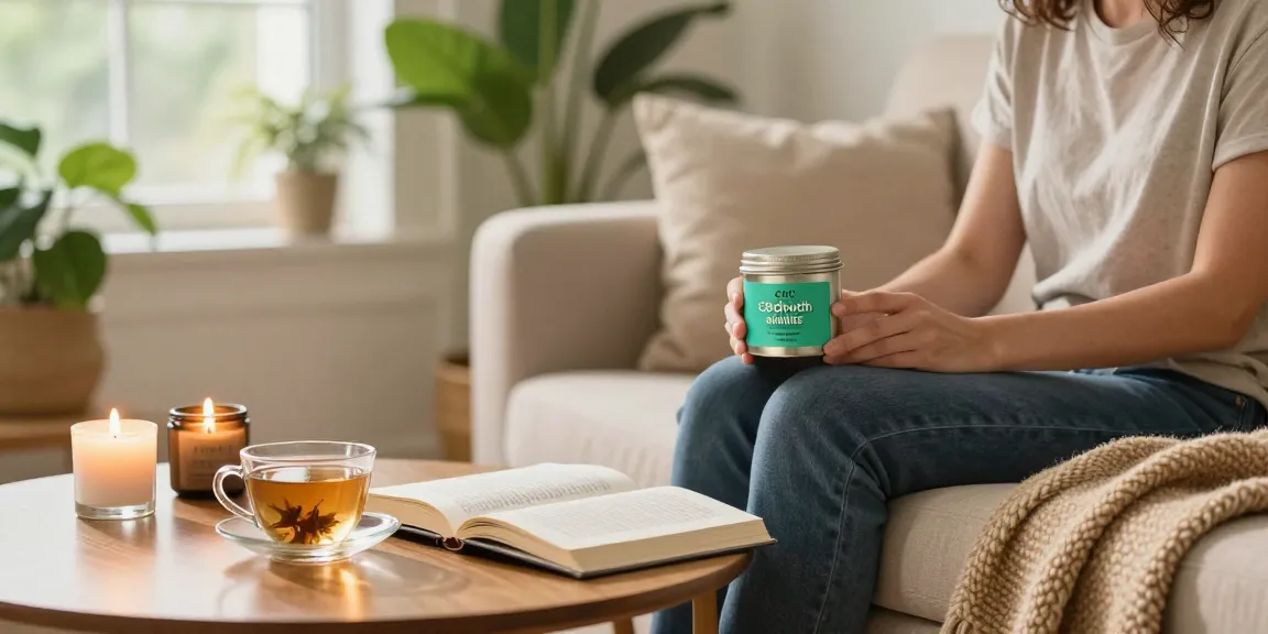 Person enjoying cbdnorth.co/product/cbd-mints in a cozy living room, promoting relaxation with a refreshing CBD mint.
