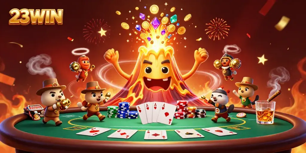 Experience the thrill of gaming with 23WIN, featuring a golden volcano and poker action.