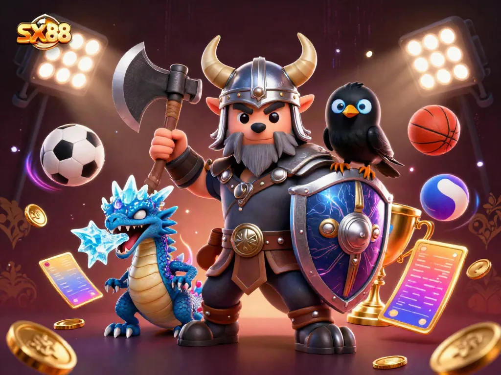 Experience the exhilarating world of SX88 with a dynamic scene of a Viking warrior, dragon, and superhero elements in a casino atmosphere.