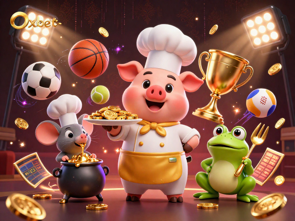 Oxbet showcases an exciting 3D casino scene with a chef pig, mouse, and frog amid dynamic sports elements.