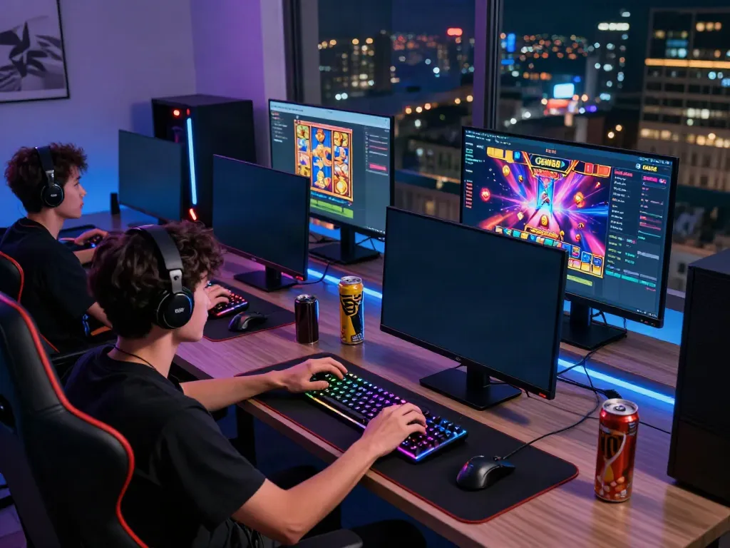 GEM88 online gaming experience with a player engaged on multiple screens showcasing vibrant games at http://gem88-mobile.com.