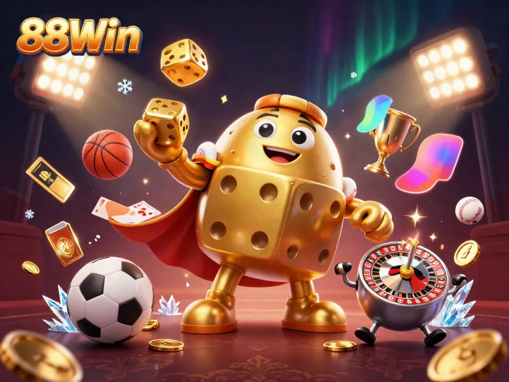 88Win showcases a captivating scene of a playful golden dice golem juggling and interacting with sports elements in a vibrant atmosphere.