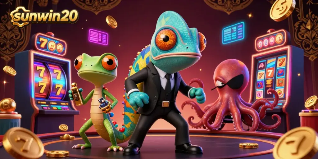 Experience thrilling gameplay with sunwin20 at this vibrant casino illustration featuring iconic slot elements.