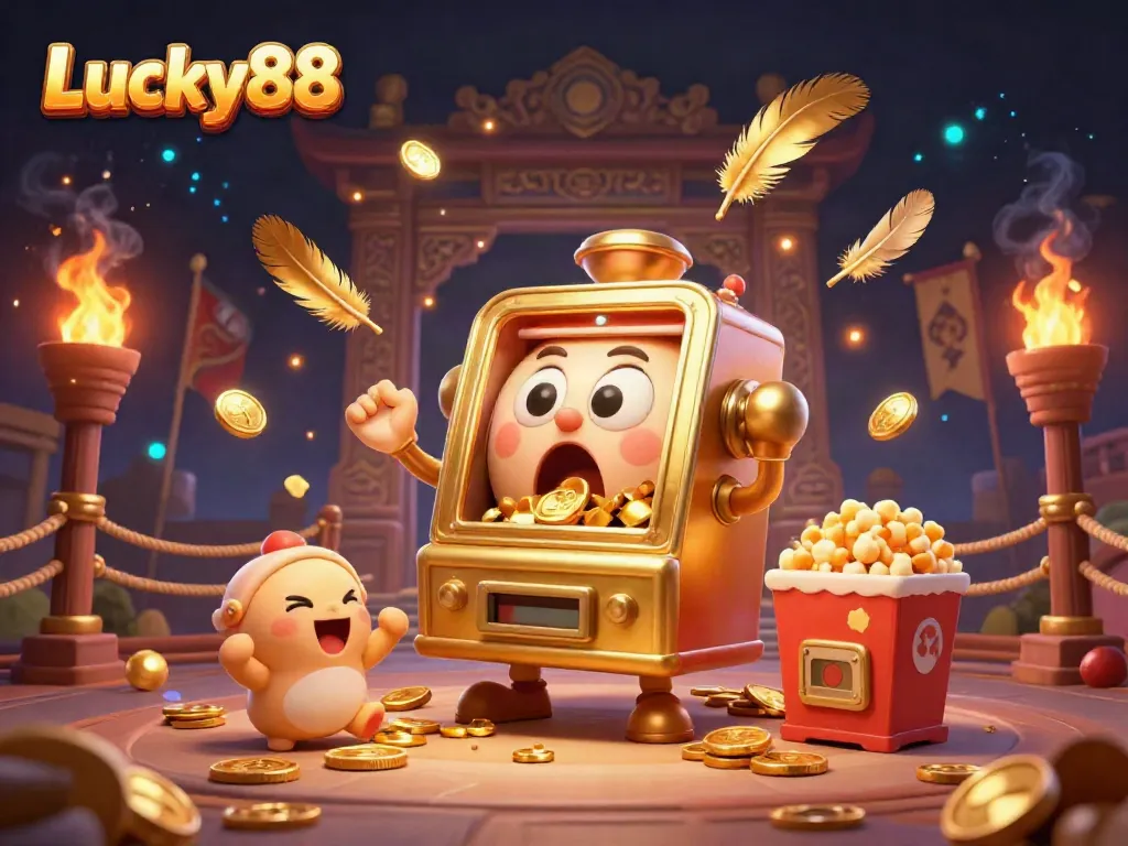 Experience the thrill of Lucky88 with a vibrant jackpot scene featuring an expressive slot machine and cheering baby versions, capturing the excitement of casino gameplay.