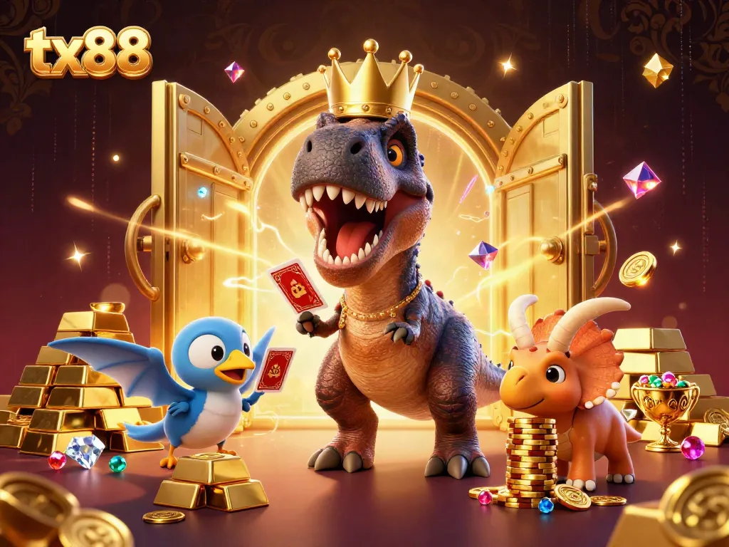 Engage with tx88 in a vibrant casino scene featuring a T-Rex, cards, and golden treasures.