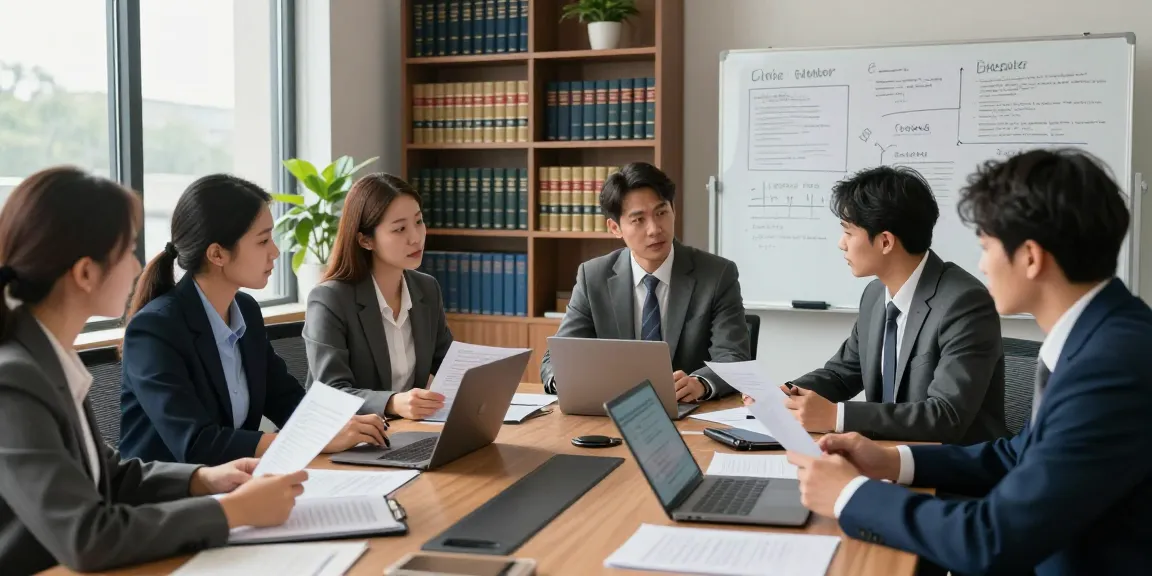Legal professionals collaborating in a law office on front page discussing cases and strategy.
