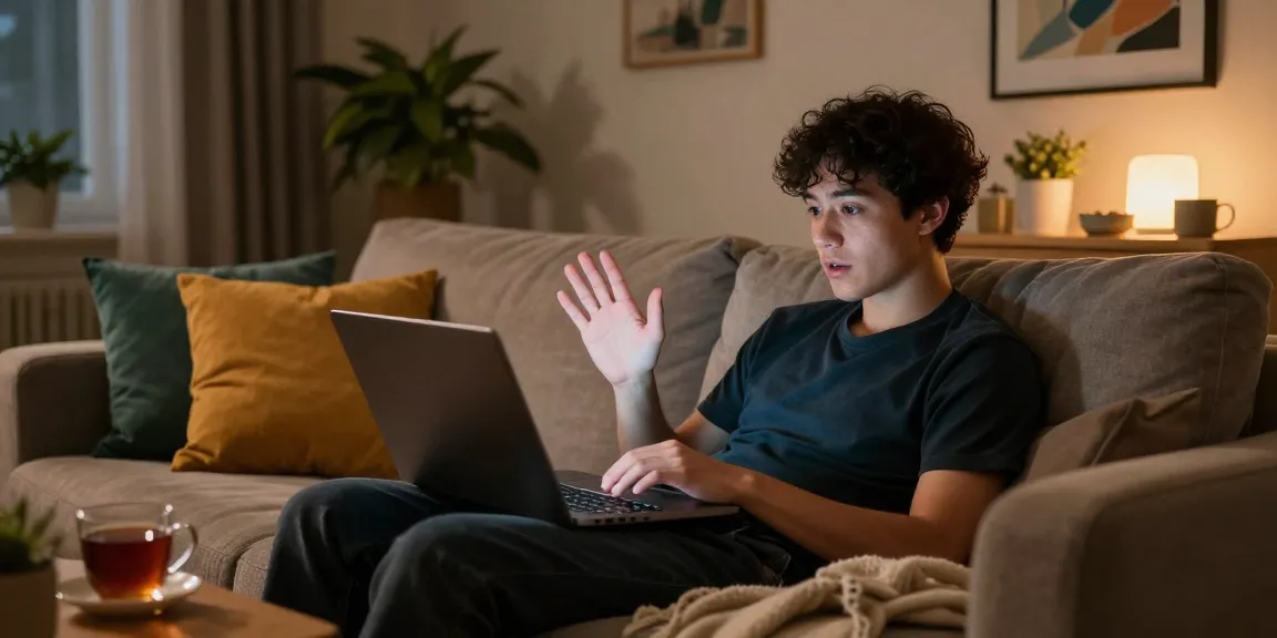 Engaging in a cozy nsfw chat on a laptop in a relaxed home setting, showcasing warm lighting and inviting atmosphere.