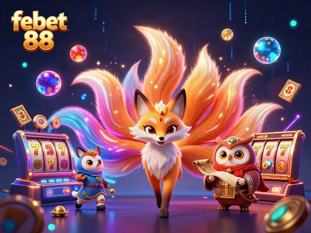 Experience exciting wins at febet 88 with a vibrant 3D casino scene showcasing a magical fox and owl.