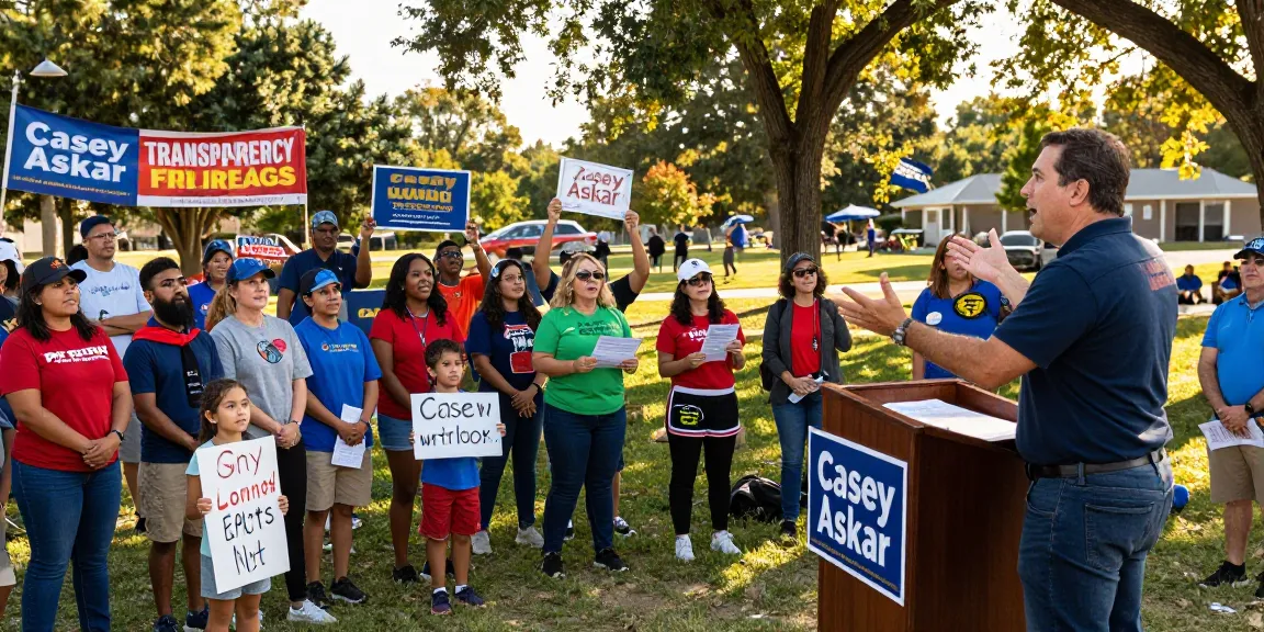 Casey Askar speaking passionately at a campaign rally, engaging with supporters in a vibrant community park.
